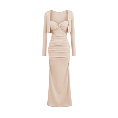 Vintage Sexy Knot Pleated Long Dress Design Slim Fit Bodycon Padded Dress with Cardigan Two-Piece Set