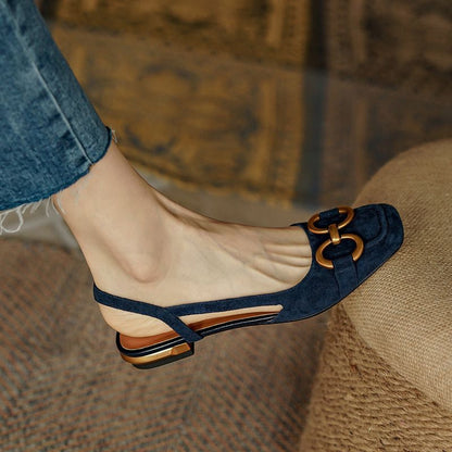 French Style Low Heel Retro Closed Toe Suede Sandals with Horsebit Buckle for Women