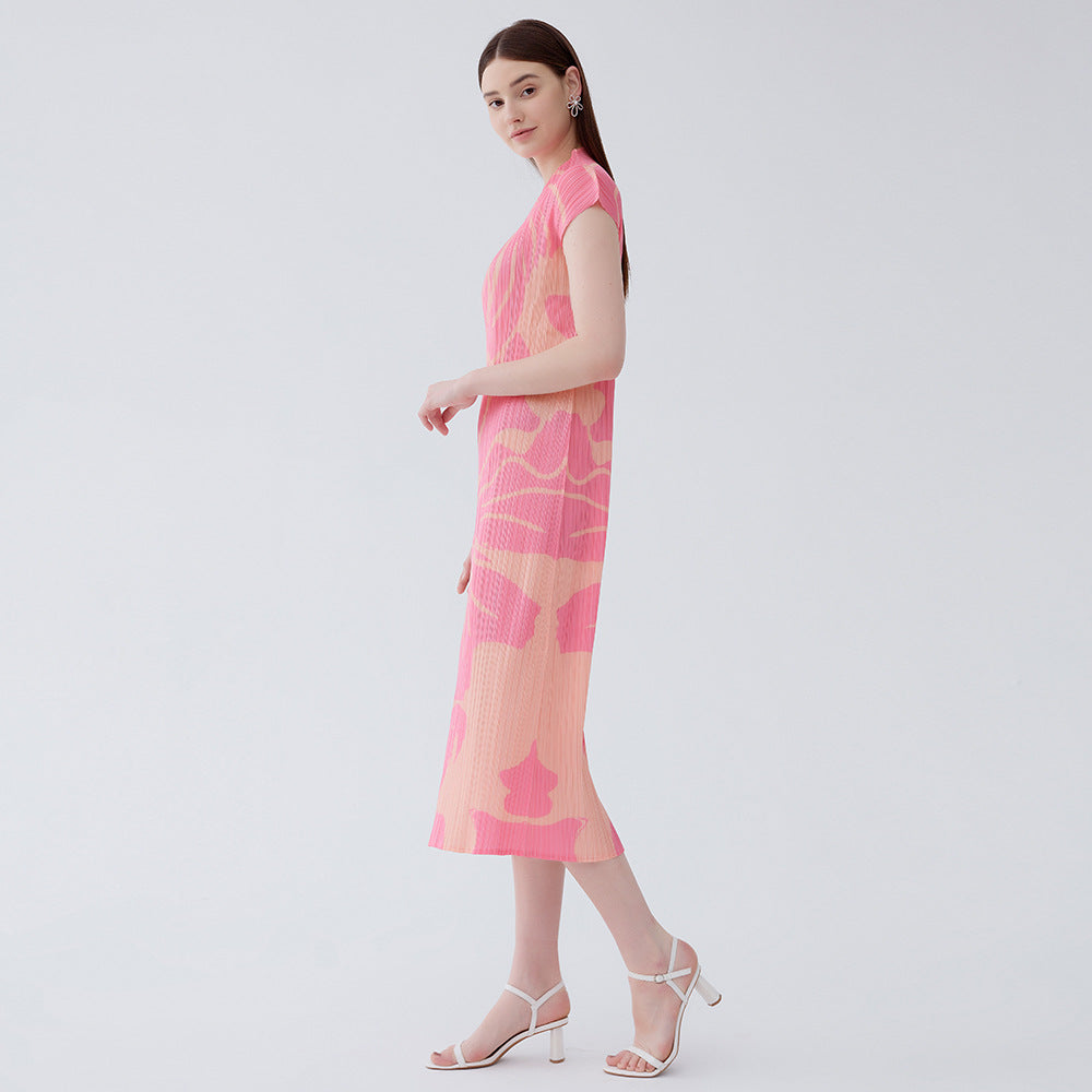 Summer new gentle pink temperament slim waist small sleeves printed pleated temperament dress for women