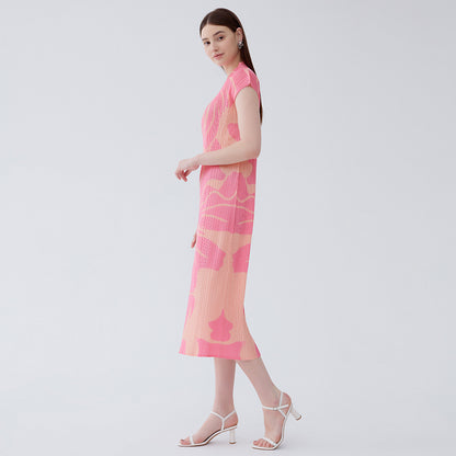 Summer new gentle pink temperament slim waist small sleeves printed pleated temperament dress for women