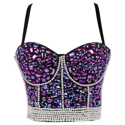 Rhinestone Beaded Fitted Bustier Bralette Camisole Small Strap