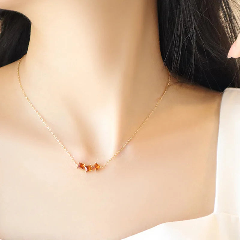 Real 925 Sterling Silver Geometric Vintage Orange Square Zircon Pendant Necklace 14k Gold Plating Wedding Jewelry