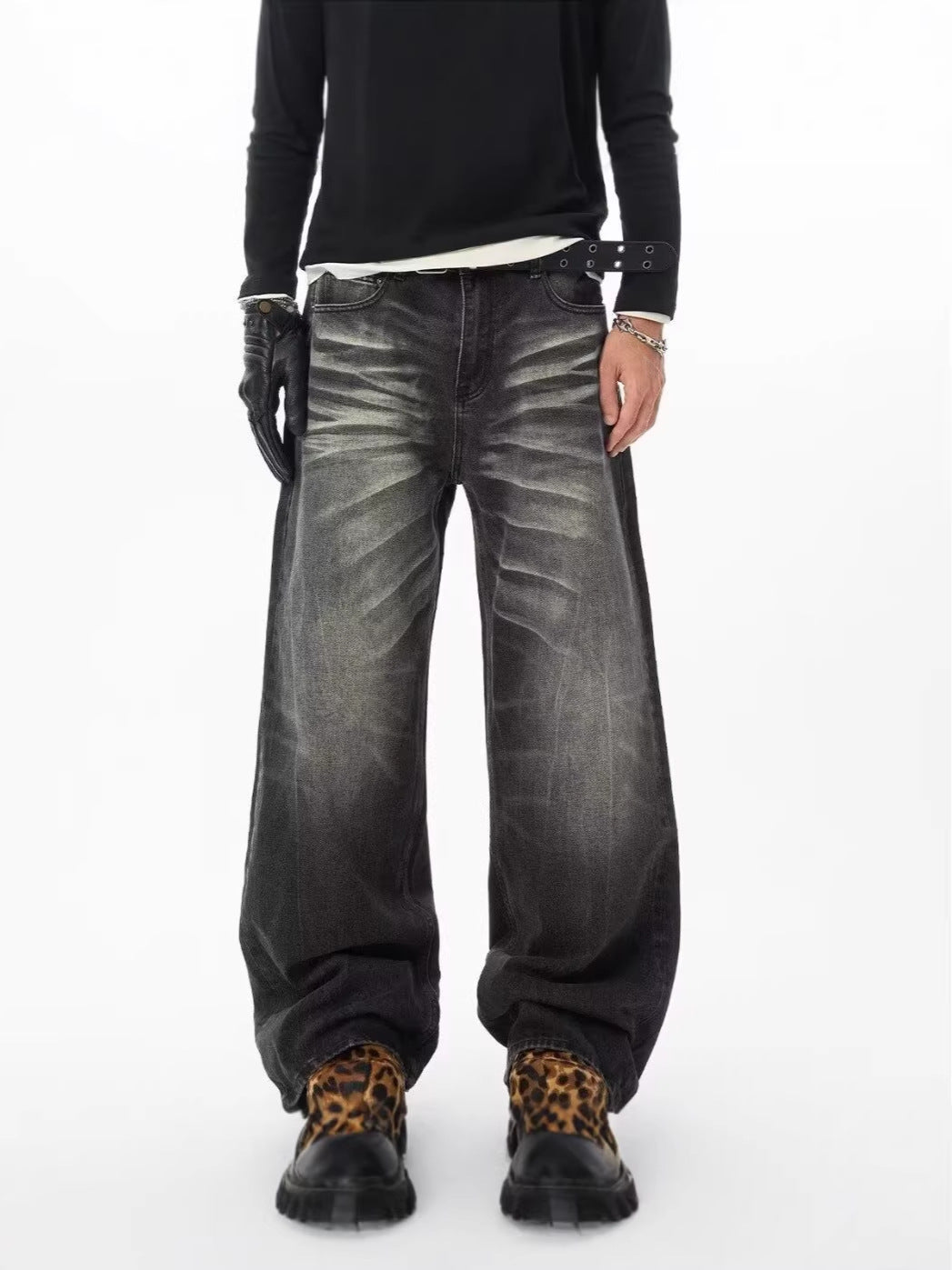 Mens Retro Washed Black Straight Leg Jeans