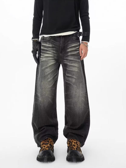 Mens Retro Washed Black Straight Leg Jeans