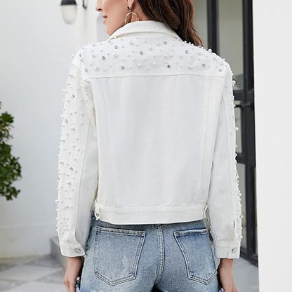 Women's Pearl Rhinestone Cropped Denim Jacket Long Sleeve Slim Fit