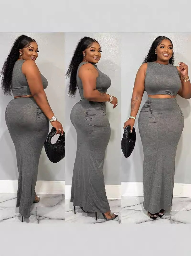 Sexy Bodycon Skirt + Sleeveless Long Top Two-Piece Set Women's Summer Simple Solid Color