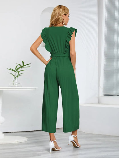 Geplooide jumpsuit met ceintuur en korte ruches mouwen