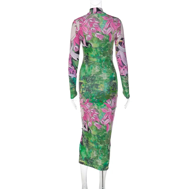 Dames lange mouwen hoge hals bodycon midi-jurk met bloemenprint