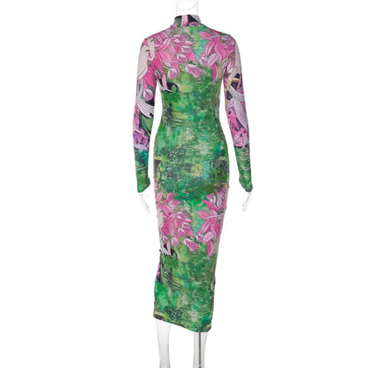 Dames lange mouwen hoge hals bodycon midi-jurk met bloemenprint