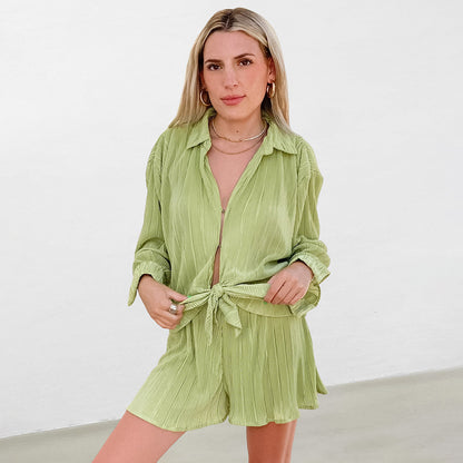Slim Pleated Green Cardigan Sleepwear Set, Loose Casual Long Sleeve Short Pants Women's Loungewear