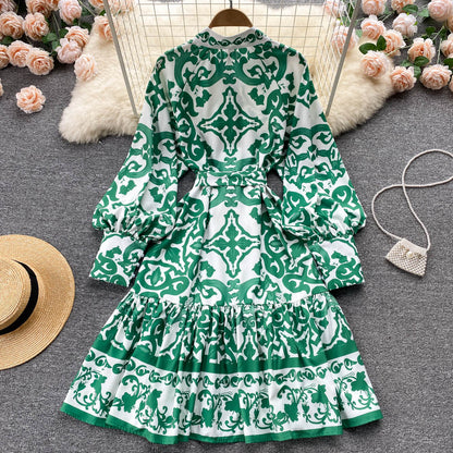 Modeontwerper catwalkjurk lente/herfst dames lange lantaarnmouwen enkele rij knopen