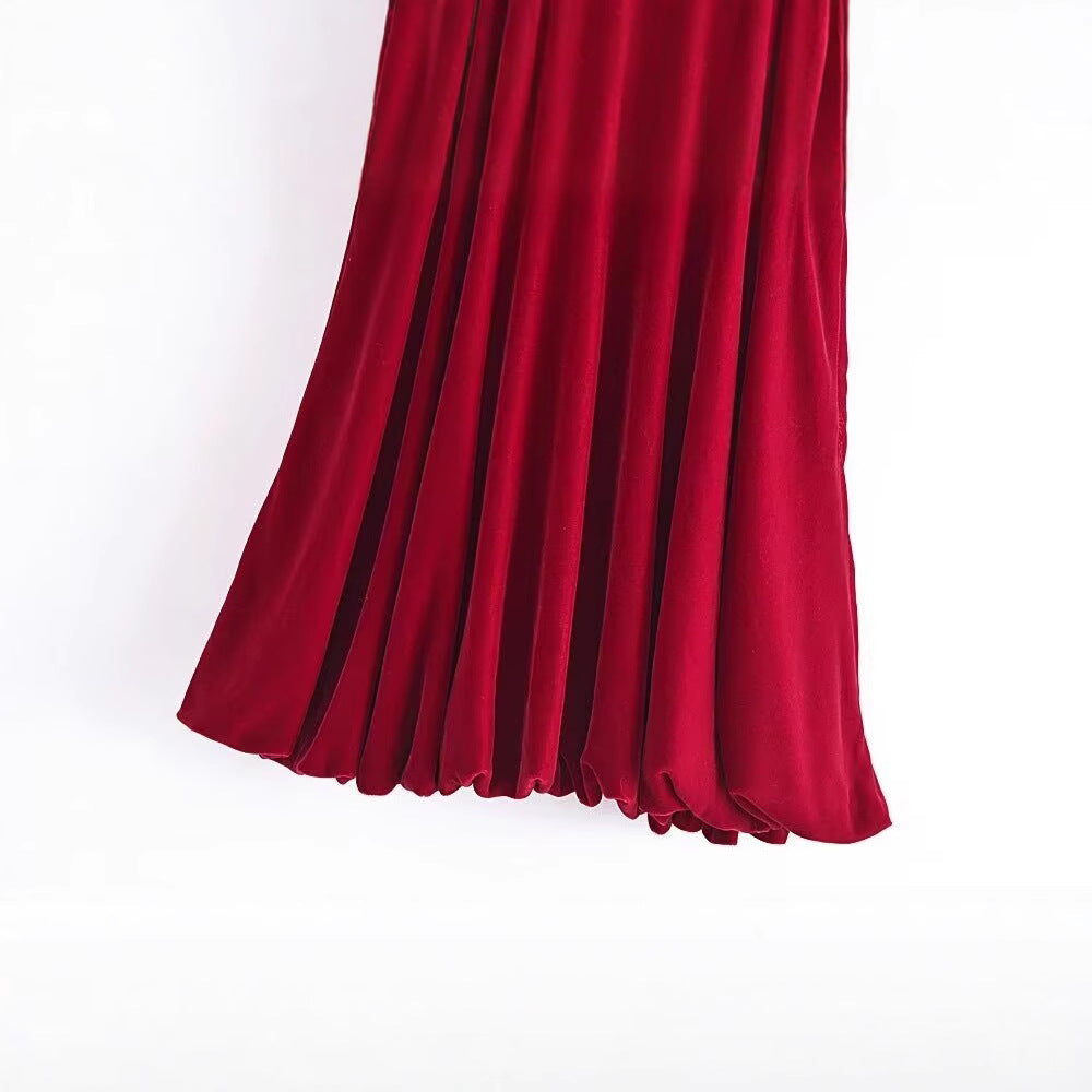 V-neck red velvet puffy sleeve jumpsuit short skirt