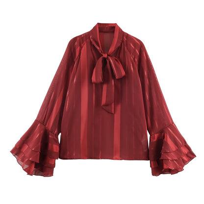 Commuting style elegant chiffon lace up flared sleeve shirt