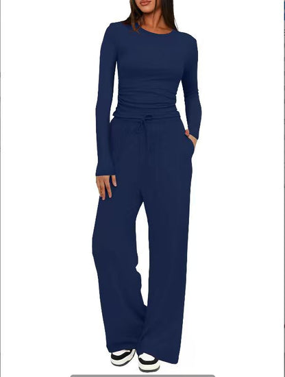 Casual Solid Color Long Sleeve Top & High-Waisted Wide Leg Pants Set Sportswear