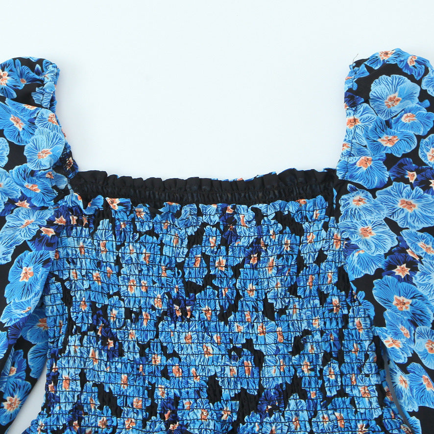 Damesjurk met bloemenprint vierkante hals elastische buste en rug