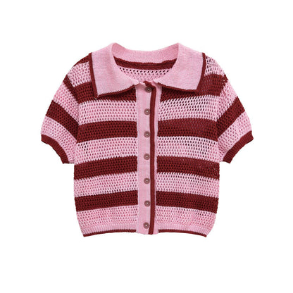 POLO collar knitted short top+shorts set