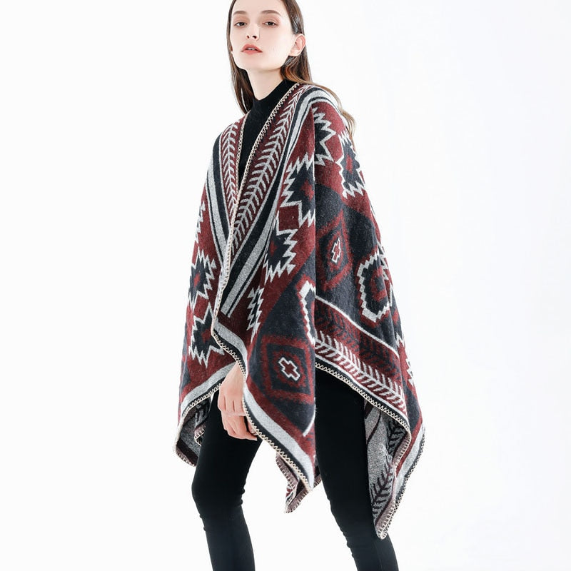 NEW Women Winter Boho Hooded Coat Cape Poncho Ladies Shawls Wrap Female Pashmina Plaid Cashmere Blanket Scarf