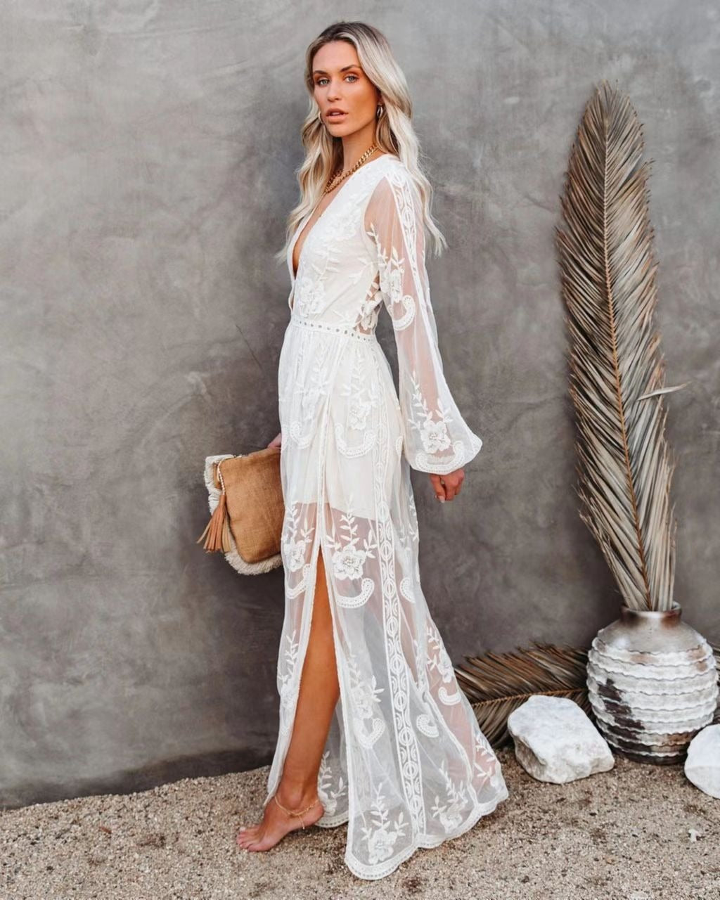 Spring/Summer Women's Lace Dress V-neck Solid Chiffon Summer Dress