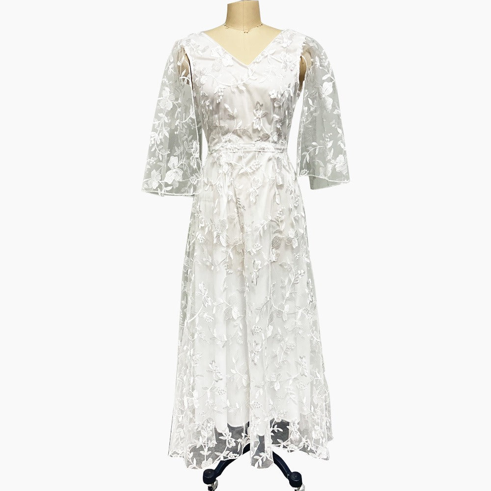Spring/Summer New Women's Deep V Mid length Dress Lace Backless Evening Dress
