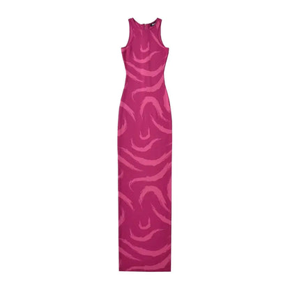 Women Elegant Abstract Maxi Dress Summer Sleeveless Knits Elastic Slim 3 Colors Long Dresses