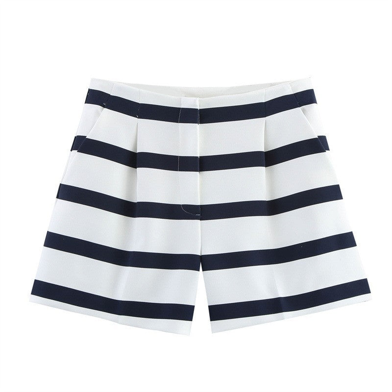 Women's Fashion Casual Striped Short Sleeve Round Neck Top and Shorts