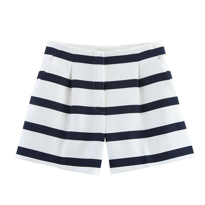Women's Fashion Casual Striped Short Sleeve Round Neck Top and Shorts