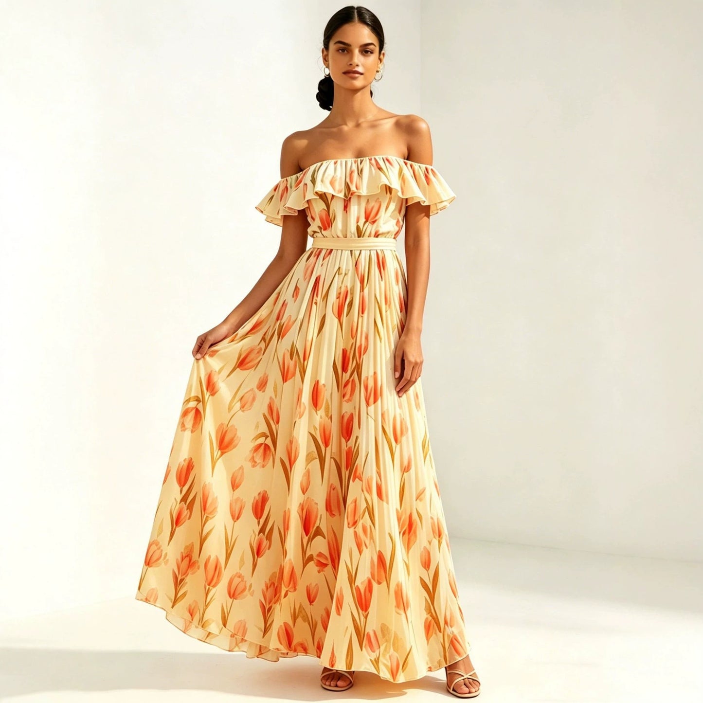 Printed long skirt with waist cinching and large swing dress
