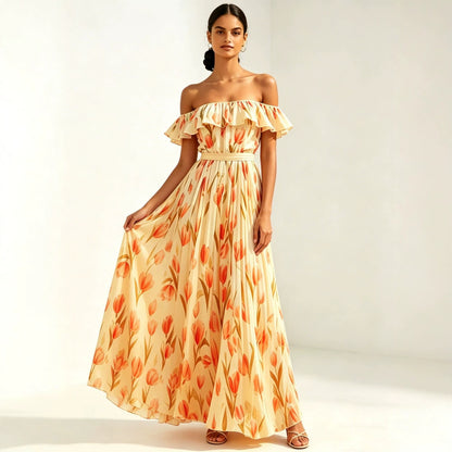 Printed long skirt with waist cinching and large swing dress