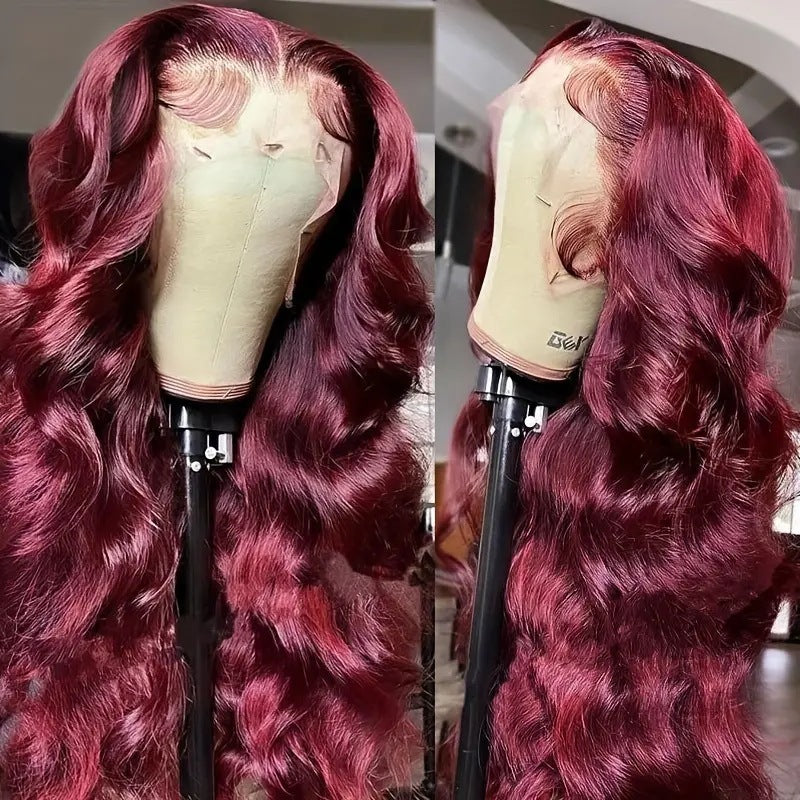Lang krullend wijnrode synthetische lace wig