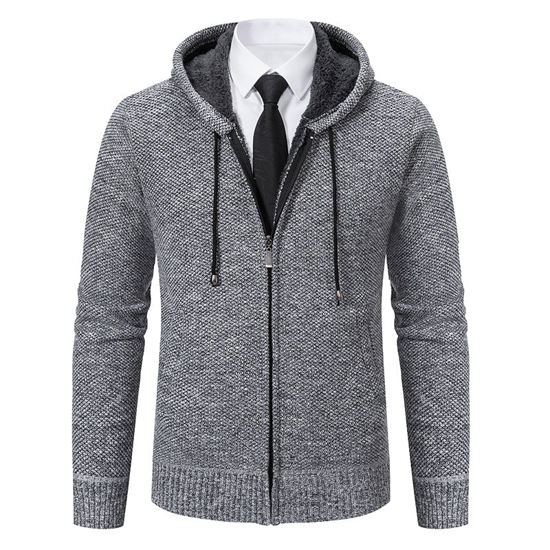 Autumn and winter men's cardigan sweater men's knitted sweater hooded and velvet casual men's knitted jacket