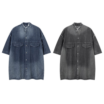 Washed Raw Edge Short Sleeve Shirt Summer Loose Casual Shirt