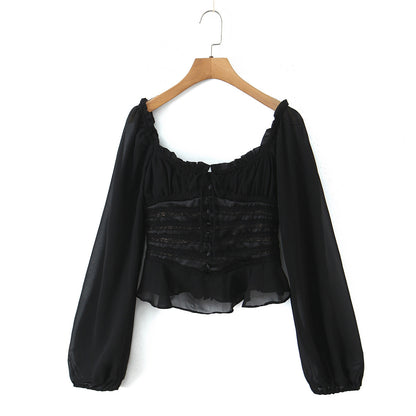 Sweet black long sleeved chiffon ruffle hem top