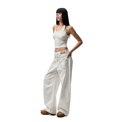Retro reverse embroidered curved knife jeans for women in summer