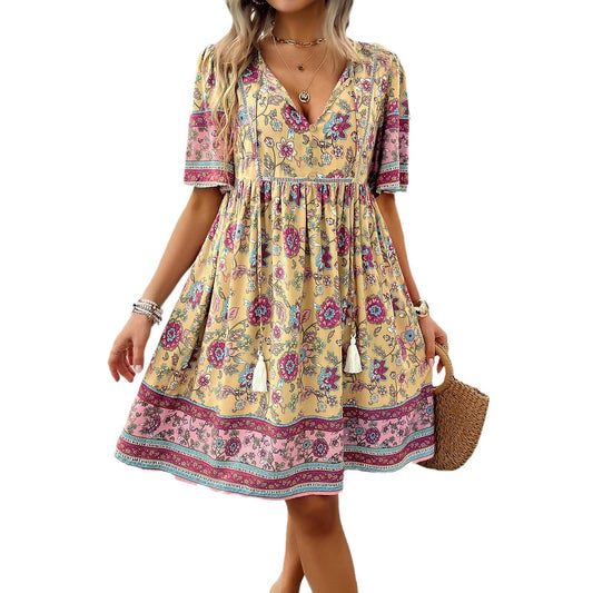 European and American women's spring/summer casual vacation printed short sleeved dress