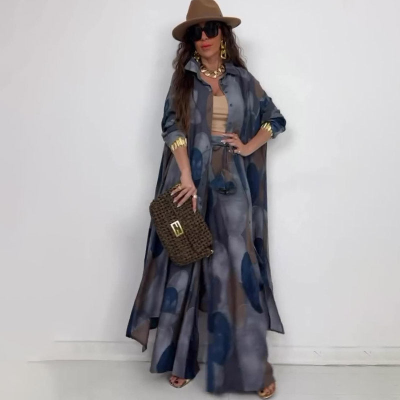 Tweedelige elegante set: lange overhemd met print + wijde broek