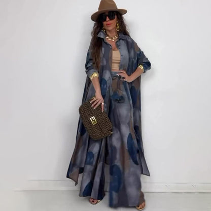 Tweedelige elegante set: lange overhemd met print + wijde broek