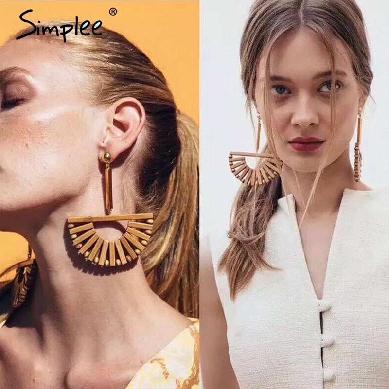 Simplee Boho wood semicircle drop earrings female Vintage handmade women earrings Fashion ethnic ladies accessories jewelry