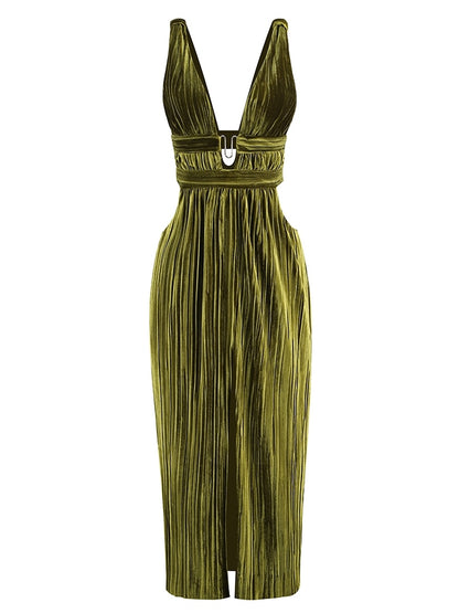 Sexy Sleeveless V Neck Hollowe Out Long Dress Women Green Straps Backless High Waist Pleated Split Maxi Dress Party Evening Dres