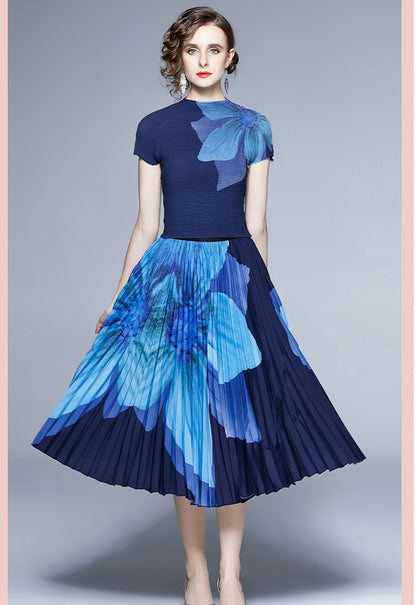 Tingfly Women Fashion Dress Set Stretchy Pullover Tops + Midi Pleated A Line Skirts Lady Summer Casual Streetwear 2 Pcs Sets