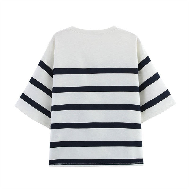 Women's Fashion Casual Striped Short Sleeve Round Neck Top and Shorts
