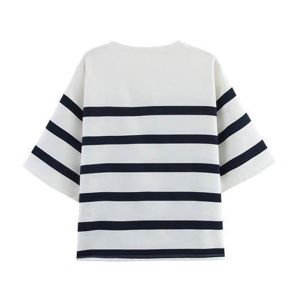 Women's Fashion Casual Striped Short Sleeve Round Neck Top and Shorts