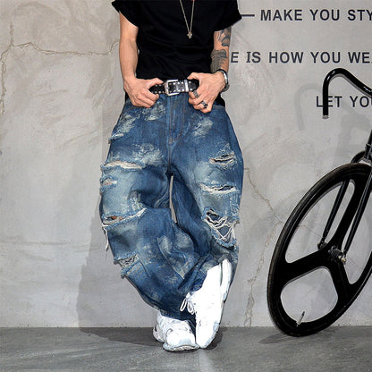Retro distressed distressed heavy-duty wide leg loose jeans