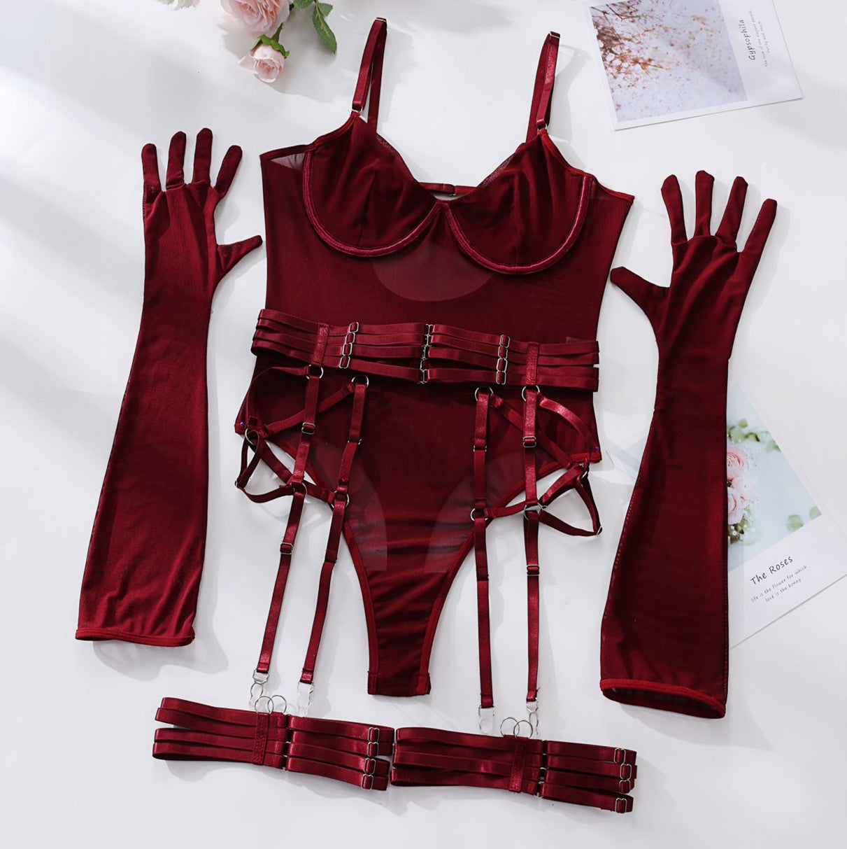 Sexy Lingerie One-Piece Bodysuit with Gloves and Bandage Transparent Mesh Underwear