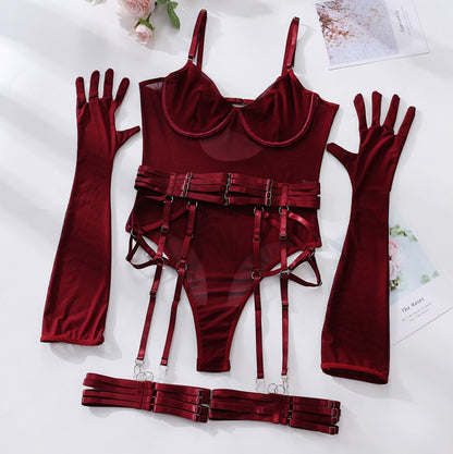 Sexy Lingerie One-Piece Bodysuit with Gloves and Bandage Transparent Mesh Underwear