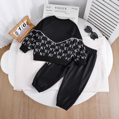 Casual Two-Piece Set for Boys Letter Print Crewneck Sweatshirt and Pants Kids Outfit
