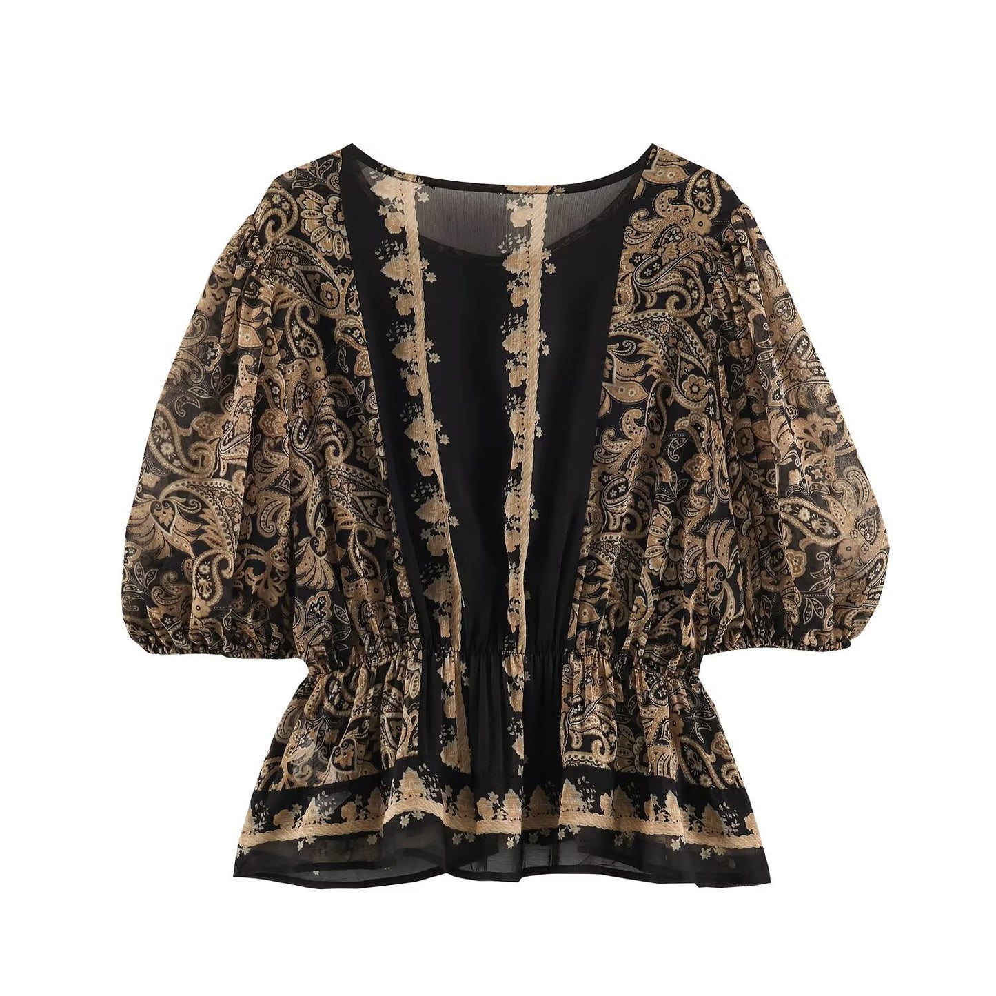 Retro slim fit printed round neck top