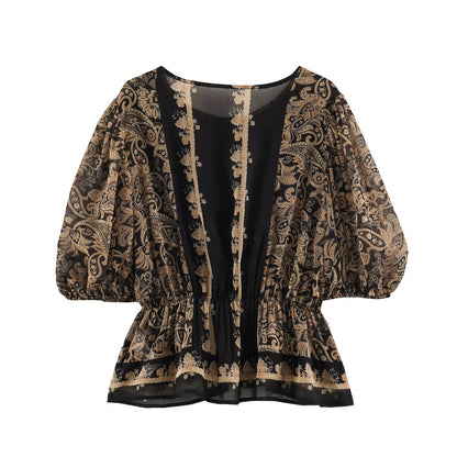 Retro slim fit printed round neck top