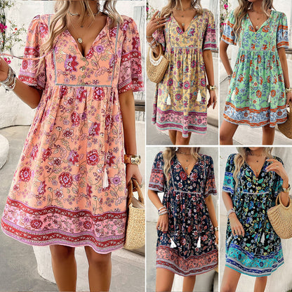 European and American women's spring/summer casual vacation printed short sleeved dress