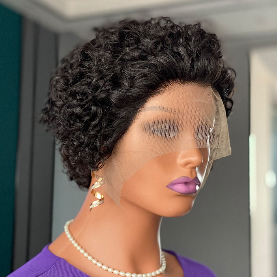 Krullende pixie-cut kanten pruik van echt haar