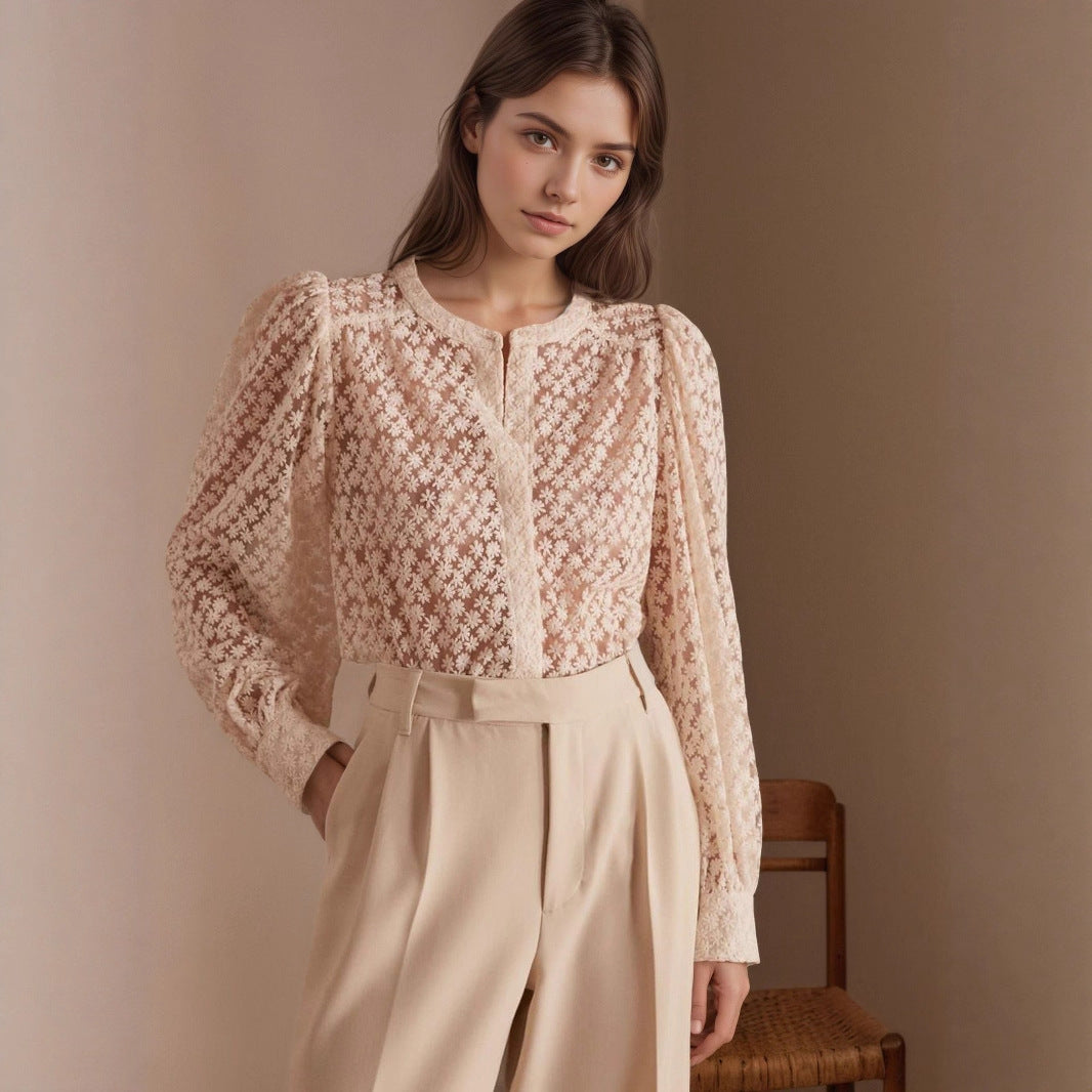 Ladies' flower hollowed out round neck lace top